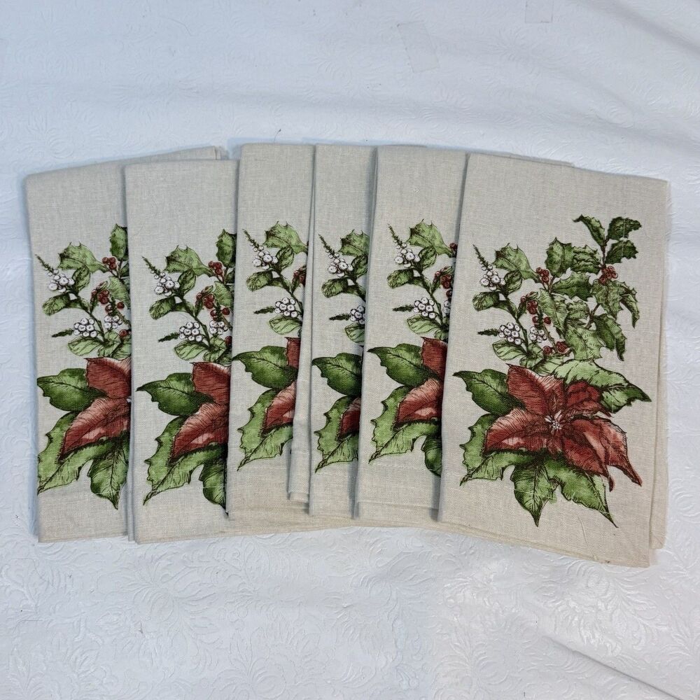 6 Pottery Barn Poinsettia Linen Blend Napkins